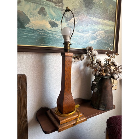 Unbranded Other - Vintage Solid Oak Wood Table Lamp Handcrafted Rustic Farmhouse Bedside Light
